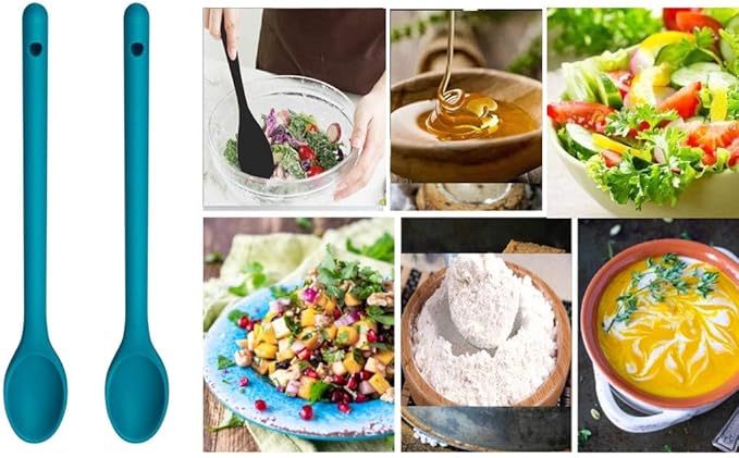 Silicone Stirring Spoons Set of 3, 12 Inch Long Handle, Nonstick Mixing Spoons, BPA Free, Nontoxic & Heat Resistant to 480F (2 in Greenish Blue)