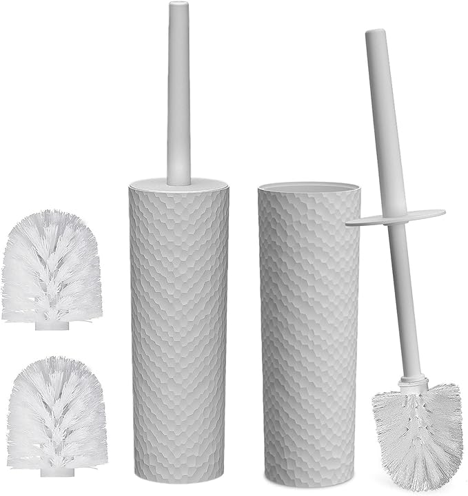 Topsky 2 Pack Compact Toilet Brush & Holder Set, Plastic Round Barrel Loo Brush with 2 Replacement Toilet Brush Head, Durable for Bathroom Toilet, Gray