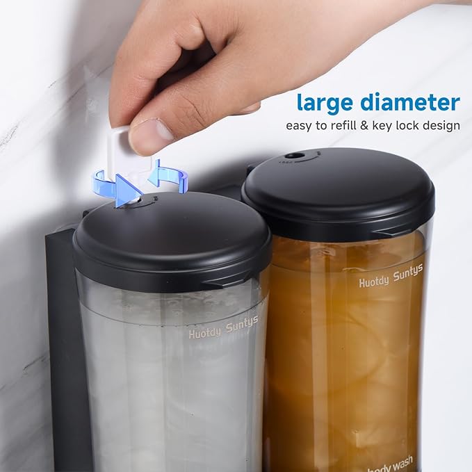 Shampoo and Conditioner Dispenser No Drill Shower Soap Dispenser Wall Mounted Shower Dispenser 2 Chamber with Upgrade Smooth Pump Head Bathroom Body Wash Soap Dispenser Set 450ml*2 Black