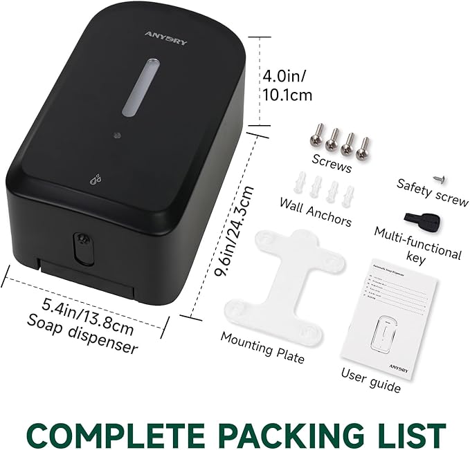 anydry Commercial Automatic Soap Dispenser Large 34oz/1000ml Capacity Wall-Mounted Touchless Liquid Dispenser for High-Traffic Restrooms, Offices, Hospitals Model AD1220S Black
