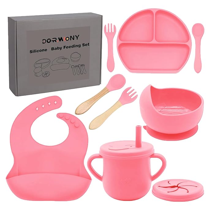 100% Silicone baby feeding set,BPA free Baby dishes set with Suction Bowl Divided Plate,Toddler Self Feeding Dish Set with Spoons Forks Sippy Cup And Bib, Baby Eating Utensils (Hot Pink)