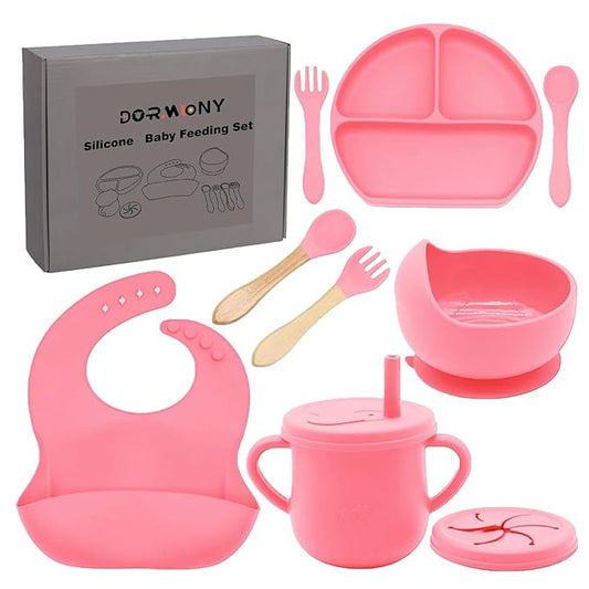 100% Silicone baby feeding set,BPA free Baby dishes set with Suction Bowl Divided Plate,Toddler Self Feeding Dish Set with Spoons Forks Sippy Cup And Bib, Baby Eating Utensils (Hot Pink)