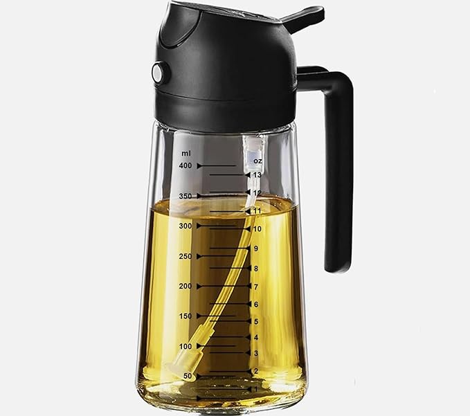 16oz/470ml Glass Olive Oil Sprayer for Cooking, 2 in 1 Oil Dispenser for Kitchen Gadgets, Food Grade Premium Spray Bottle with Portion Control for Salad, Frying