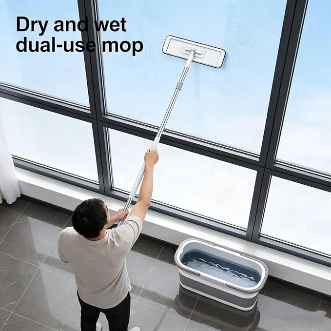 Large Flat Mop and Scalable Bucket with Wheels, 360 Rotating Microfiber Dust Mop with Dewatering Scraper, 54" Adjustable Stainless Steel (1 Mop + 4 Microfiber Pads + 1 Bucket)