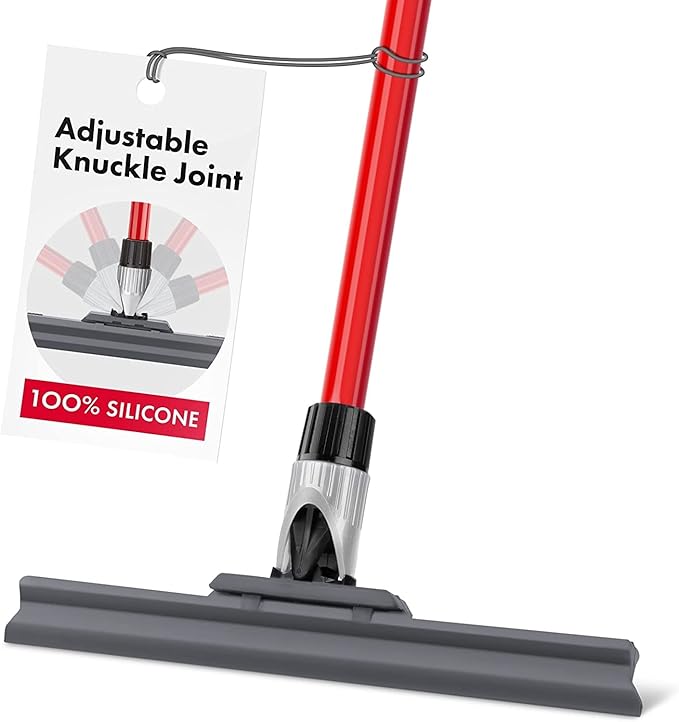 Silicone Floor Squeegee with 55-Inch Long Handle, 12-Inch Single Cast Silicone Blade, 360° Swivel Joint - Multifunction Floor Squeegee for Garage