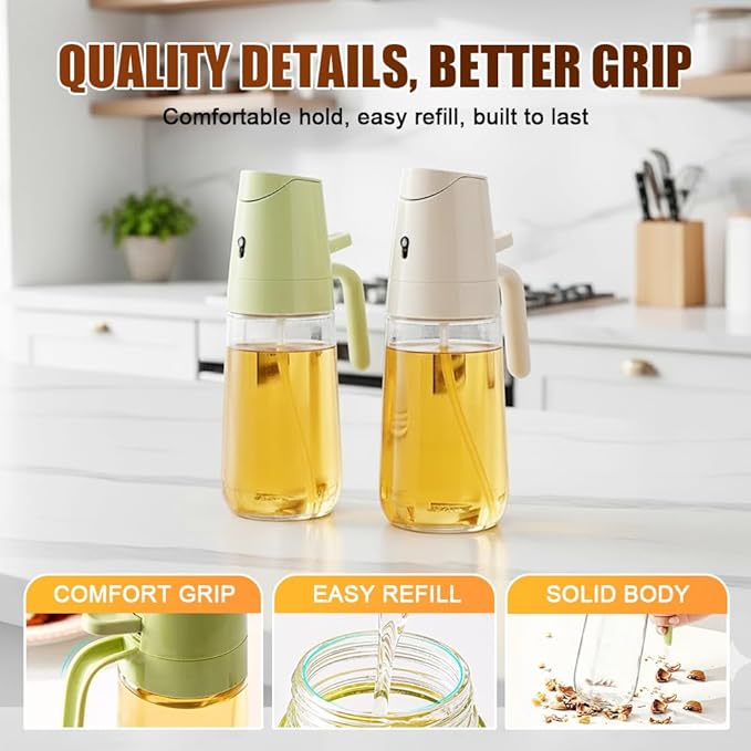 Drkicsy 2 in 1 Glass Oil Sprayer & Dispenser, Olive Oil Dispenser Bottle Spray and Pour, Oil Spray Bottle for Cooking, Olive Oil Dispenser for Kitchen Air Fryer, Salad, Frying, BBQ (White, 500 ML)