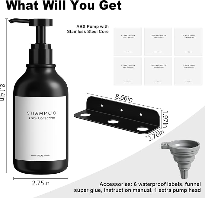 Refillable Shampoo and Conditioner Dispenser Set of 3 - Wall Mounted No Drill Pump with Bottles, 3 Chamber for Shower Soap and Body Wash Dispenser with Labels, Matte Black Bottle for Bathroom (16oz)