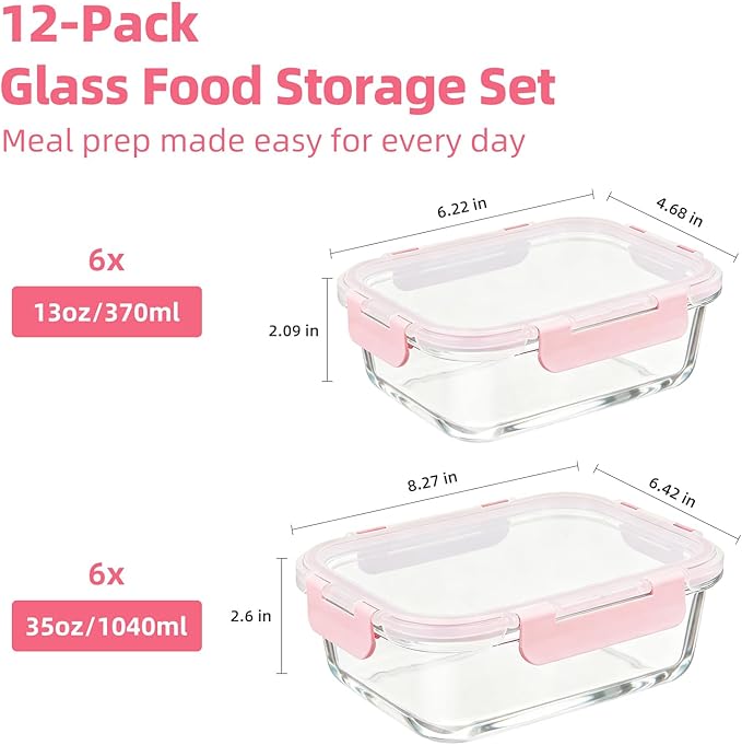 Konokyo Rectangular Glass Food Storage Containers with Lids, 24 Pack Airtight Leakproof Meal Prep Containers, BPA-Free