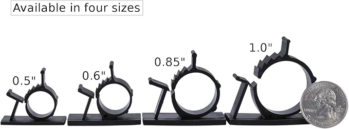 JacobsParts V1 Adhesive Cable Management Clips, 0.85 Inch Adjustable Clamp, Black (25 Pack)