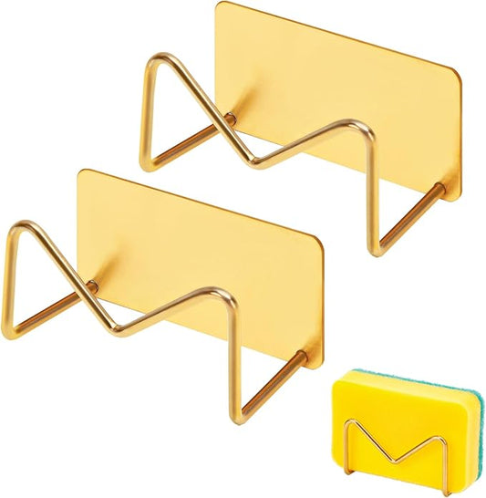 2Pcs Adhesive Hanging Sponge Holder for Kitchen Sink, 3.54 * 1.97'' Stainless Steel Premium Rustproof & Waterproof Kitchen Sink Caddy Holder for Brush and Sponge. No Drilling. Gold