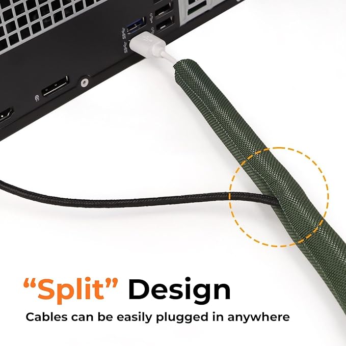 1 inch Split Braided Cable Management Sleeve for USB Cable Power Cord Audio Video Cable, High-Temperature Automotive Harness Wire Loom Cord Protector from Cat Dog Chewing (Black, 10FT)