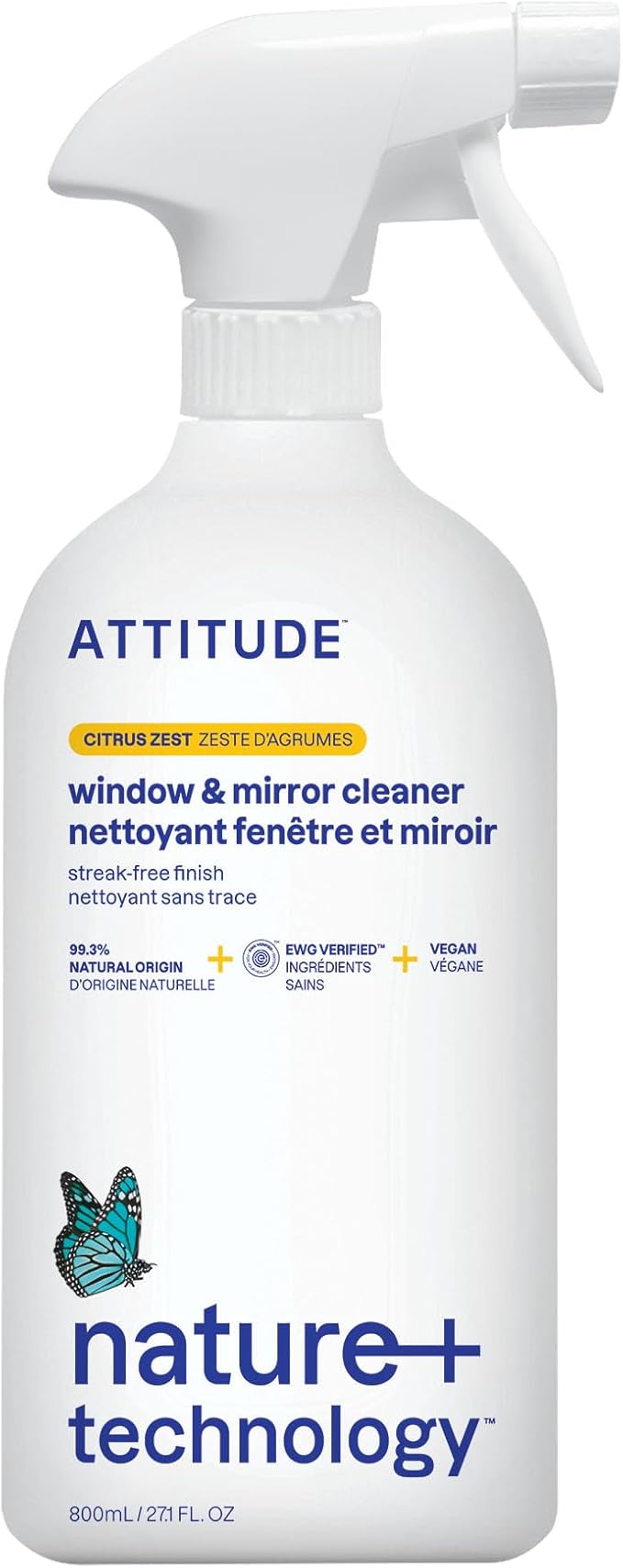 ATTITUDE Window and Mirror Cleaner, EWG Verified, Plant- and Mineral-Based Ingredients, Vegan and Cruelty-free Household Products, Citrus Zest