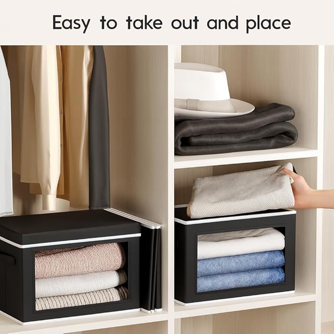 Homsorout Collapsible Storage Bins with Lids - Stackable Storage Containers with Window, 15.7 Inch Fabric Organizing Bins for Closet, Home & Office Organization Baskets, Black, 3 Pack