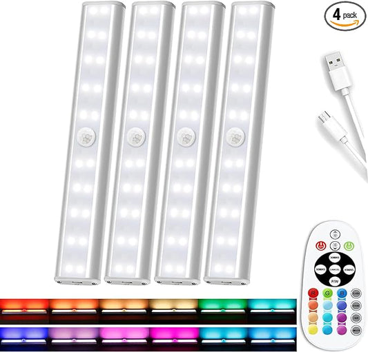 Under Cabinet Light Wireless with Remote, 15 Color RGB Magnetic Led Light Bar, 48-LED Rechargeable Closet Lights, 3 Timer & 4 Modes, LED Under Lighting for Kitchen, Pantry, Bedroom, Stairs (4 Pack)