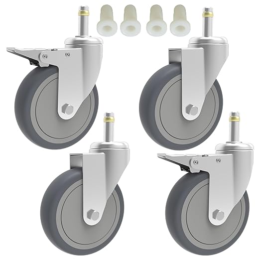 RILIDRI 4-Inch Swivel Stem Caster, 7/16-Inch Stem Diameter Rubber Wheel, Heavy Duty TPR Replacement Wheels for Rubbermaid Mop Bucket Cart Grill Casters - 4 Pack (2 Brakes 2 Swivel)