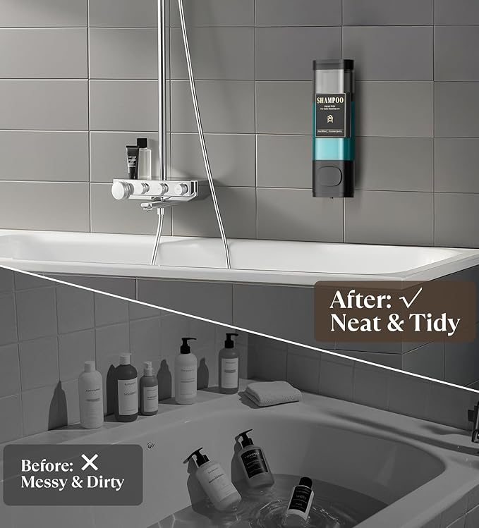Luxspire Shampoo and Conditioner Dispenser, No Drill Wall Mounted Shower Soap Dispenser 1 Chamber with Waterproof Labels, Easy Refill Soap Dispenser for Bathroom Hotel Kitchen, Black
