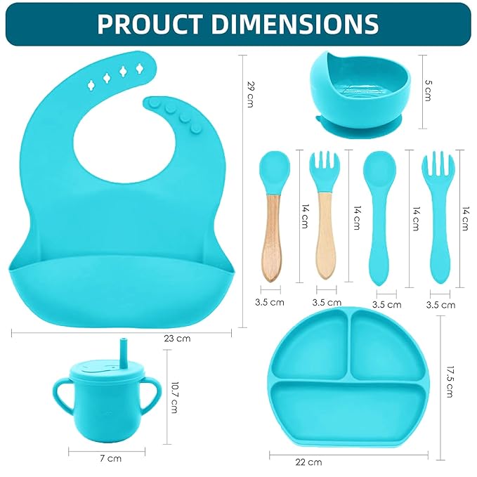 100% Silicone baby feeding set,BPA free Baby dishes set with Suction Bowl Divided Plate,Toddler Self Feeding Dish Set with Spoons Forks Sippy Cup And Bib, Baby Eating Utensils (Cyan Blue)