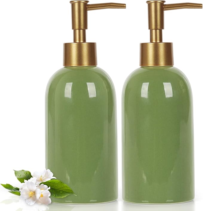 Natheeph 14OZ Ceramic Soap Dispenser Ceramic Soap Pump Dispenser Can Fill Liquid for Bathroom/Kitchen (2PC Green)