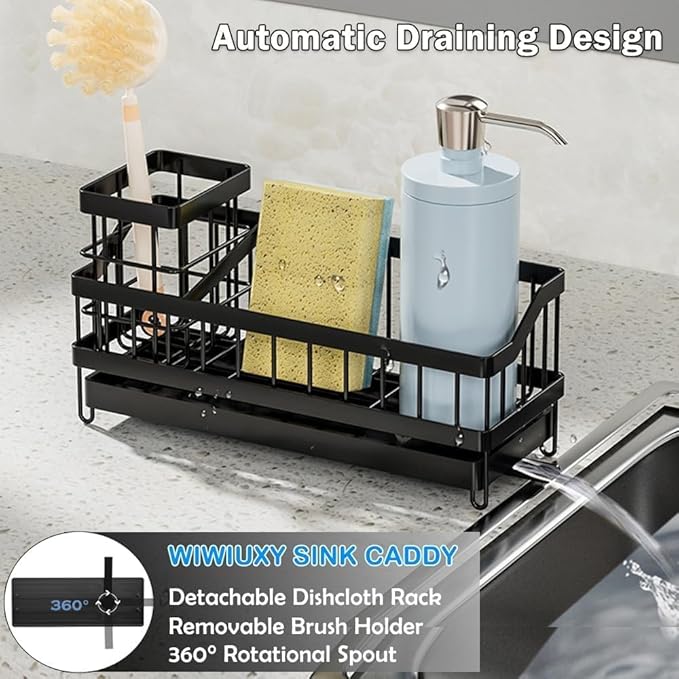 Sponge Holder for Kitchen Sink, Sink Caddy with High Brush Holder, Organzier Rustproof 304 Stainless Steel Dish Organizer Wall Mount, Soap Dispenser Storage