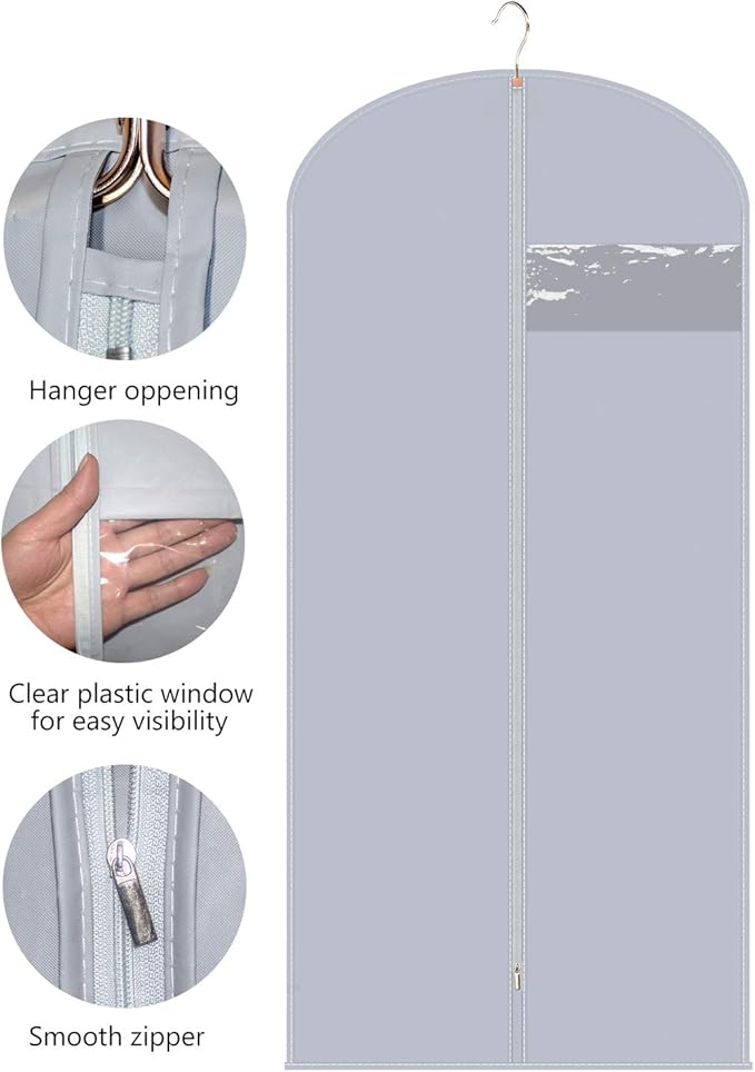 Dress Bags for Gowns & Garment Bags 60-Inch 3-Pack - PEVA Hanging Clothes Storage with Clear Window, Foldable for Wedding Dresses, Coats & Travel (Heavy-Duty Zipper)