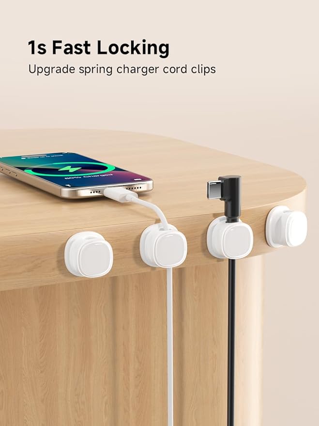 9 Pack Cord Organizer, Spring Cable Management, Adhesive Cute Cable Holder Clips, Phone Charger Wire Keeper for Desk Nightstand Car Office (9-Pack White)