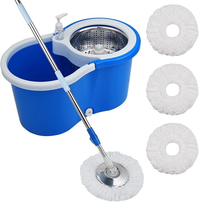 Mop and Bucket Set, 360° Spin Mop and Bucket with Wringer Set and 3 Microfiber Mop Refills, Stainless Steel 61'' Extended Handle Spinning Mop Bucket System for Floor Cleaning