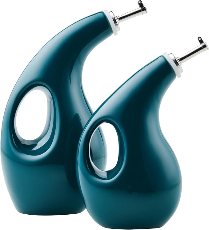 Rachael Ray Serveware Ceramic EVOO Oil and Vinegar Dispensing Bottle Set, 2 Piece, Teal