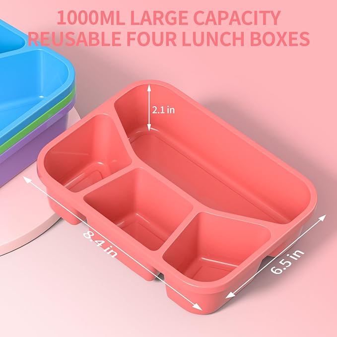 Bento Adult Lunch Box (4 pack), 4-Compartment Meal Prep Container with Transparent Cover, Reusable Lunch Containers for Kids, No BPA, Microwave/Dishwasher Safe (PP(Red/Green/Blue/Purple))