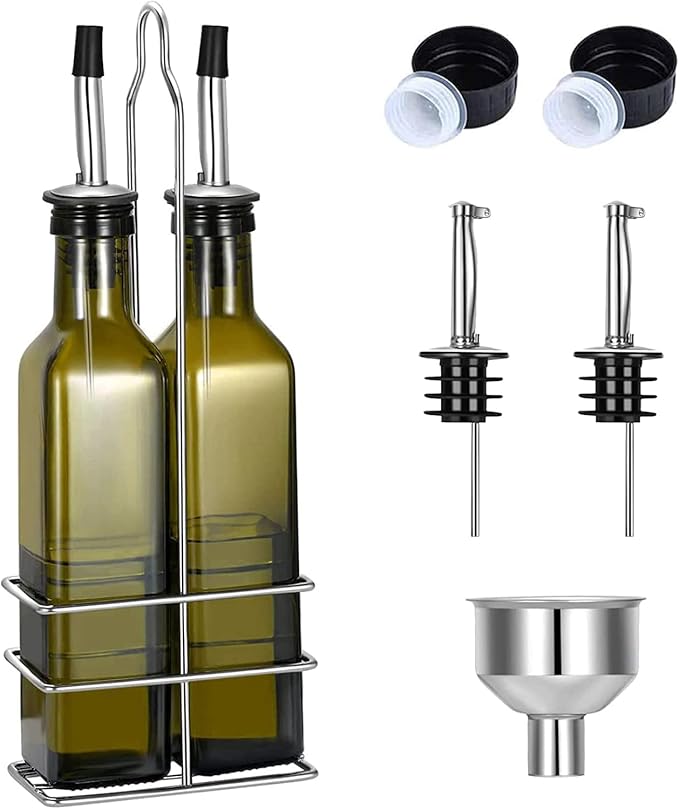 Gusnilo Glass Olive Oil Bottle - 250ml Second Generation Brown Oil & Vinegar Cruet with Pourers and Funnel - Olive Oil Carafe Decanter for Kitchen - (8.5 Oz Ounce)