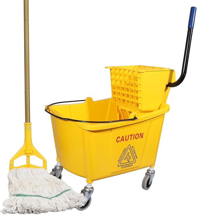 Commercial Mop Bucket with Side-Press Wringer for Floor Cleaning, 35 Quarts, Yellow, Including One Commercial Mop