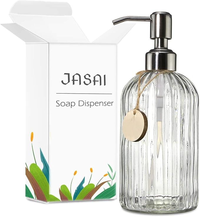 JASAI 18 Oz Clear Glass Soap Dispenser with Rust Proof Stainless Steel Pump, Refillable Liquid Hand soap Dispenser for Bathroom, Premium Kitchen Soap Dispenser (Clear).