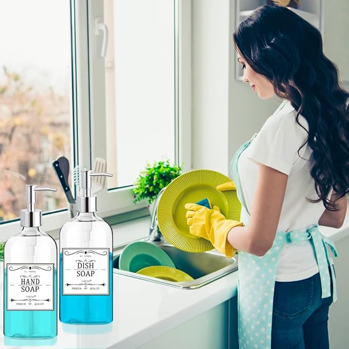Clear Soap Dispenser with Rust Proof Pump, Waterproof Labels (2 Pack,16 Oz), Plastic Hand Soap Dish Soap Dispenser for Kitchen Bathroom