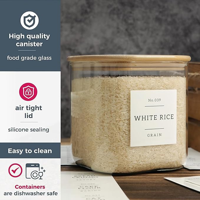 HHMJSM Large Glass Flour and Sugar Containers with 42 Kitchen Pantry Labels - 85 Oz Glass Food Storage Containers with Airtight Lids