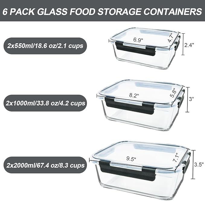 M MCIRCO 67.4oz(8.3 cup), 33.8oz(4.2 cup)& 18.6oz(2.1 cup) Extra Large Glass Food Storage Containers Set with Lids