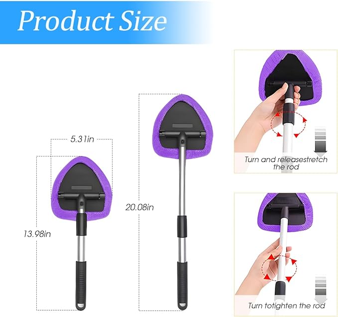 Windshield Cleaning Tool, Car Window Cleaner with Extendable Long Handle and 4 Washable Reusable Microfiber Pads