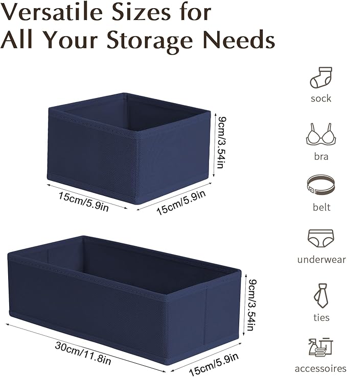 Drawer Organizers Clothes, Set of 8 Dresser Organizer Bins, Navy Blue