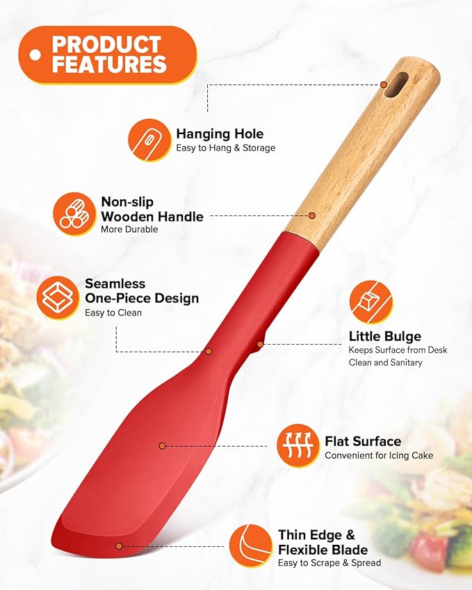 Silicone Everyday Spatula, Great For Stirring, Mixing And Scraping, Sturdy Bpa-Free Matte Silicone, Wooden Handle Rubber Scraper For Nonstick Cookwares (RED)
