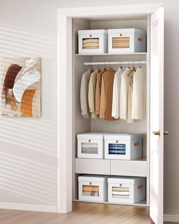 Homsorout Storage Bins with Lid – Closet Organizer with Side Opening and Clear Window, Foldable Stackable Fabric Basket for Clothes, Home, Office - 13.77" x 11.8" x 9.8", 4 Pack, White