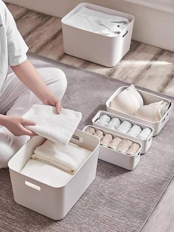 4 Piece Plastic Storage Baskets Boxes with Lids,11.8x8x9.8 Inch Stackable Organizing Bins with Handles,White Versatile Containers for Pantry,Bathroom,Closet Shelves Desktop (White, 4XL)