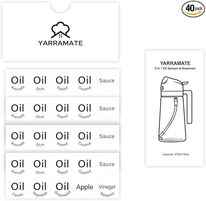 40 Labels for Oil Dispenser & Installation Guide for Oil Sprayer Bottles, Stickers for Olive Oil, Sauce, and More
