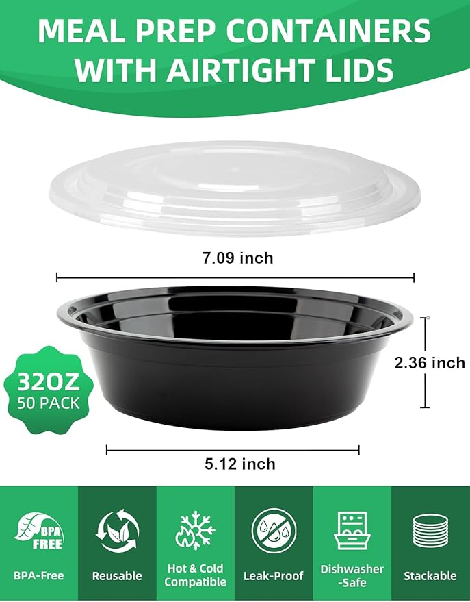UMT Plastar 32 oz Round Meal Prep Bowls with Lids, 50 Pack BPA-Free To Go Food Containers, Microwave Freezer Dishwasher Safe