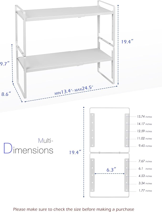 Nxconsu 2Pack Cabinet Shelf Organizer Expandable 5 Heights Adjustable Stackable Rack Riser for Kitchen Pantry Cupboard Under Sink Organization Storage Space Saver Heavy Duty Metal White