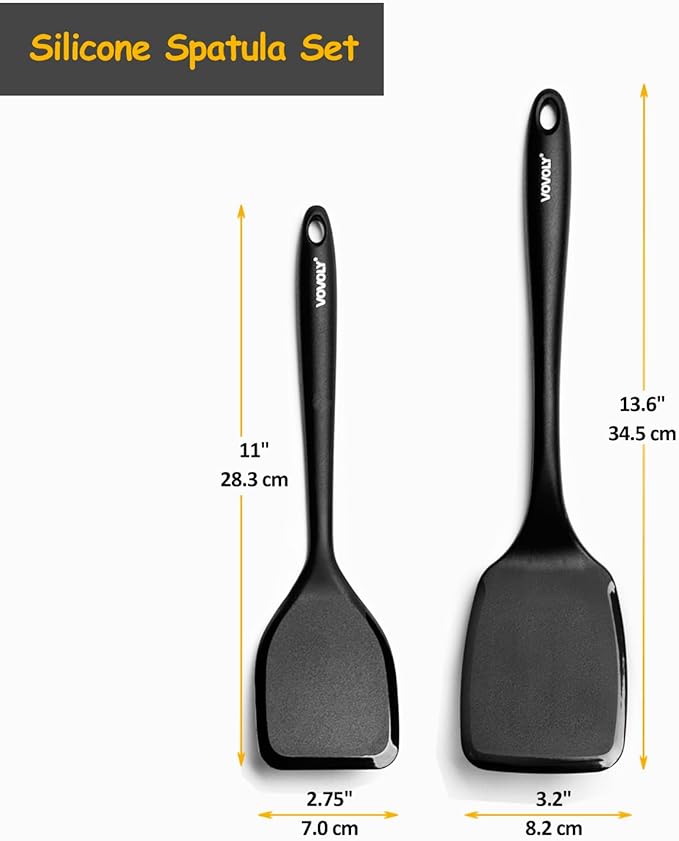 Silicone Spatula Set, 600°F Heat Resistant Silicone Spatula Turner Flipper for Cooking, Non Stick and Non Scratch Kitchen Utensils for Eggs, Burgers, Crepes, 2-Pack Solid Spatulas Set, Black