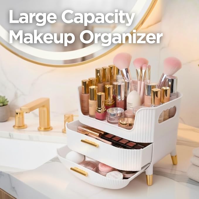 Makeup Organizer with Drawers, Skincare Storage Box for Vanity, White