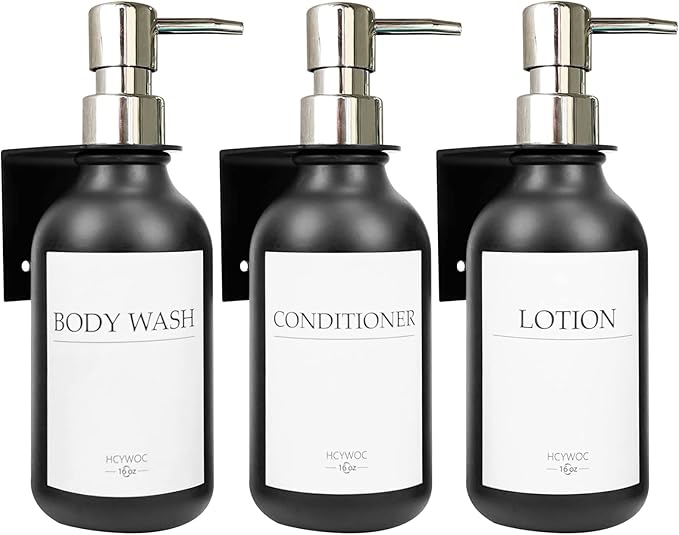 Shampoo Dispenser for Shower Wall, Shampoo and Conditioner Dispenser with 16 Waterproof Labels, No Drill Shower Soap Dispenser Bathroom, Shower Soap Dispenser Wall Mounted,17oz, 3 Pack, Silver Black