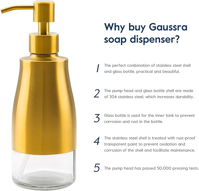 Gaussra Soap Dispenser with Coaster and Stickers, Brushed Gold Stainless Steel Glass Hand Pump Dispenser, Anti Rust Bottle, for Kitchen & Bathroom Detergent Bottle，Refillable Hand Liquid Dispenser