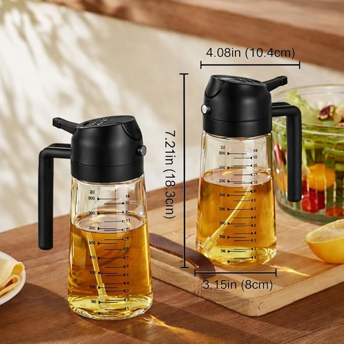 16oz/470ml Glass Olive Oil Sprayer for Cooking, 2 in 1 Oil Dispenser for Kitchen Gadgets, Food Grade Premium Spray Bottle with Portion Control for Salad, Frying