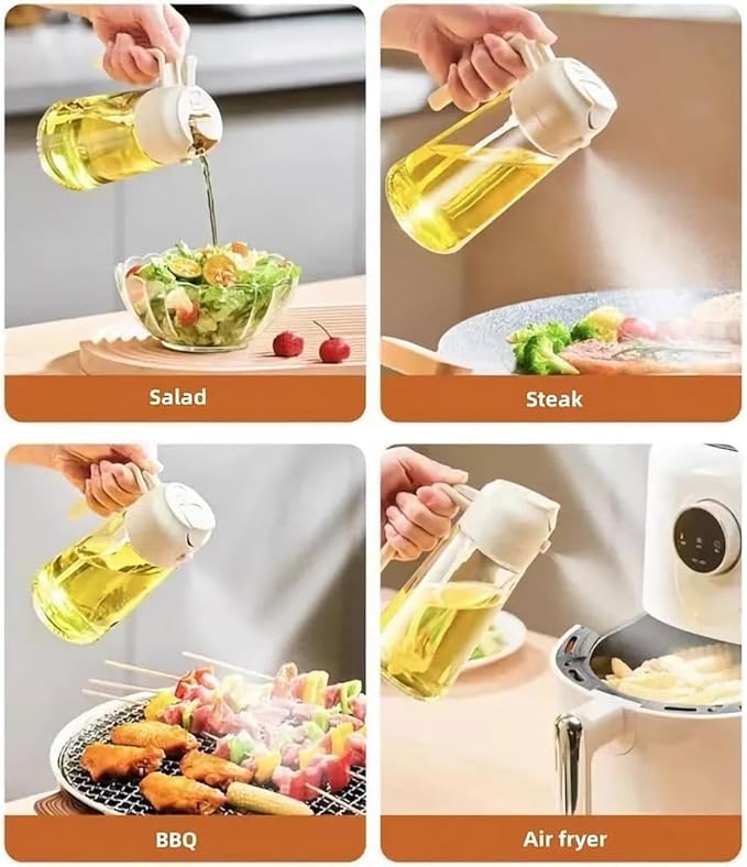 Kitchen 2 In 1 Oil Dispenser, 16oz Olive Oil Dispenser Bottle for Kitchen - 2 in 1 Oil Dispenser and Oil Sprayer for Cooking, Air Fryer, Salad, BPA-Free 470ml Olive Oil Sprayer (Black + Gray)
