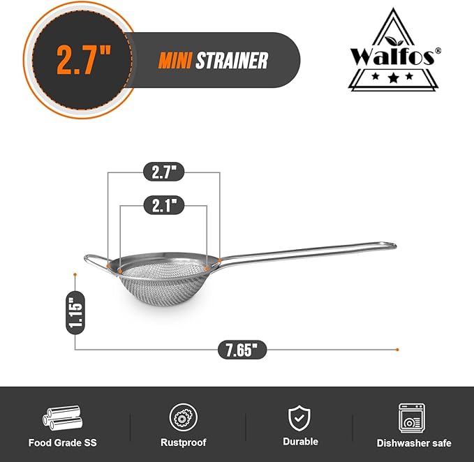 Walfos Mini Fine Mesh Tea Strainer, Stainless Steel Small Sifter with Sturdy Handle, 2.7 Inch Kitchen Metal Sieve for Tea, Coffee, Cocktail, Juice, Sugar and Spices