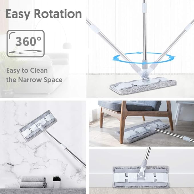 HOMTOYOU Microfiber Hardwood Floor Mop with 4 Washable Pads, 360 Rotation Dust Flat Mop with Ultra Long Stainless Steel Handle for Home/Office Floor Cleaning